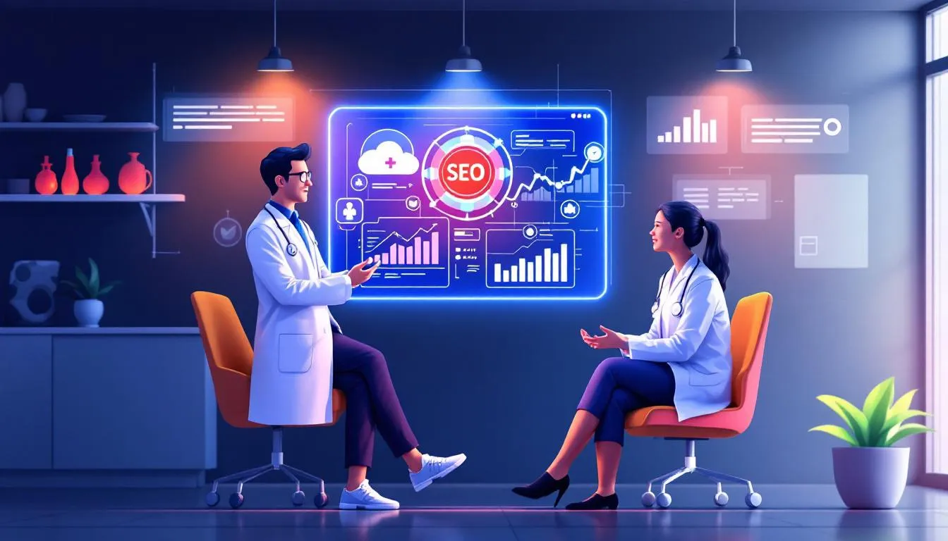 Ein Arzt in einer modernen Praxis, der mit einem Patienten spricht, während im Hintergrund eine Grafik zur SEO-Optimierung sichtbar ist.