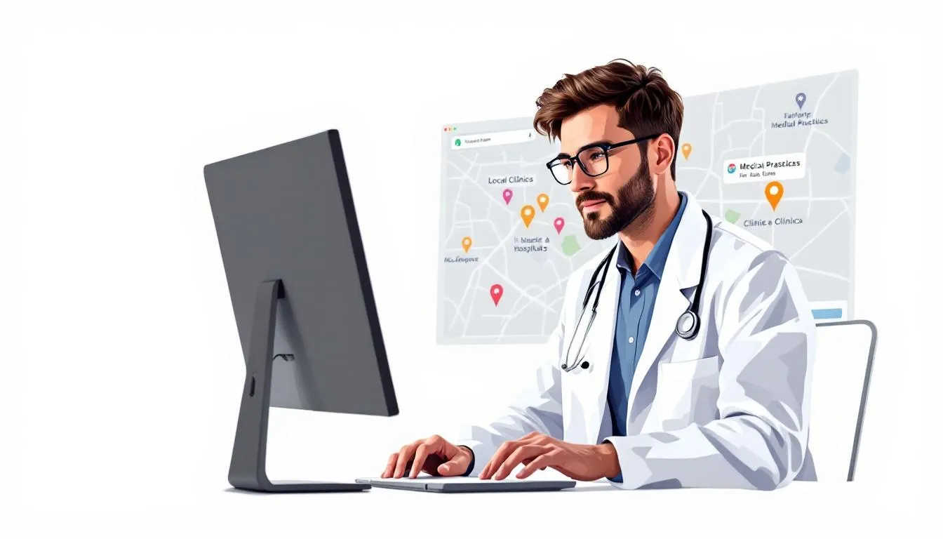 Ein Arzt, der an einem Computer arbeitet, während eine Karte mit lokalen Suchergebnissen für Arztpraxen im Hintergrund zu sehen ist.