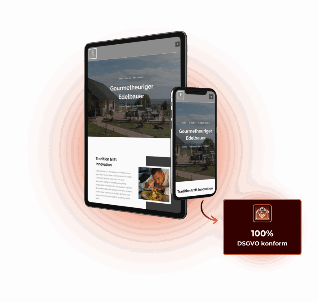 Website des Gourmetheurigen Edelbauer auf Tablet und Smartphone – responsive Webdesign von Coreflow, 100 % DSGVO-konform.