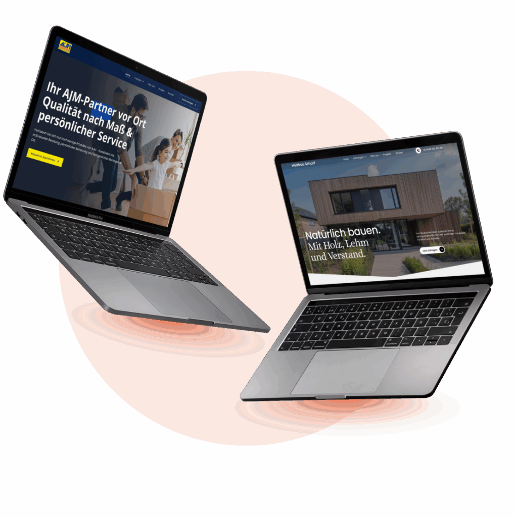 Zwei schwebende Laptops mit Website-Referenzen von Coreflow – Fensterbau AJM und Holzbau Scharf, moderne Webdesigns für Handwerksbetriebe.