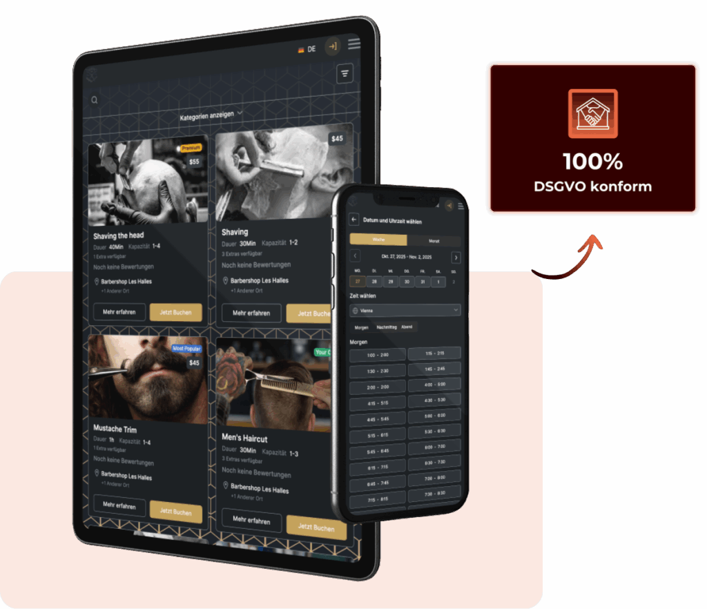 Buchungssystem für Barbershops auf Tablet und Smartphone – Coreflow Webdesign mit modernem Online-Buchungsportal, DSGVO-konform und mobil optimiert.
