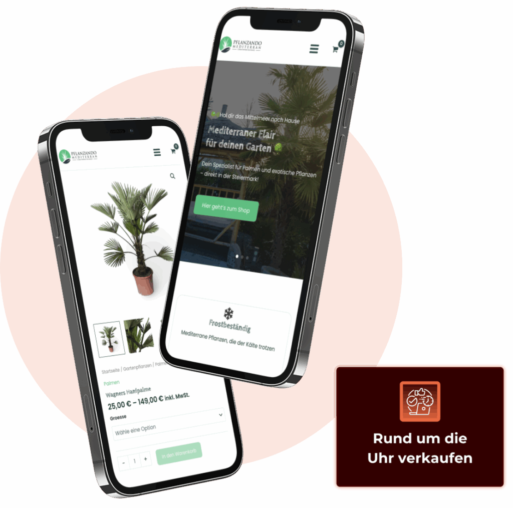 Onlineshop Pflanzando auf Smartphones – Coreflow Webdesign für Pflanzen- und Gartenshops, schnell und mobilfreundlich.