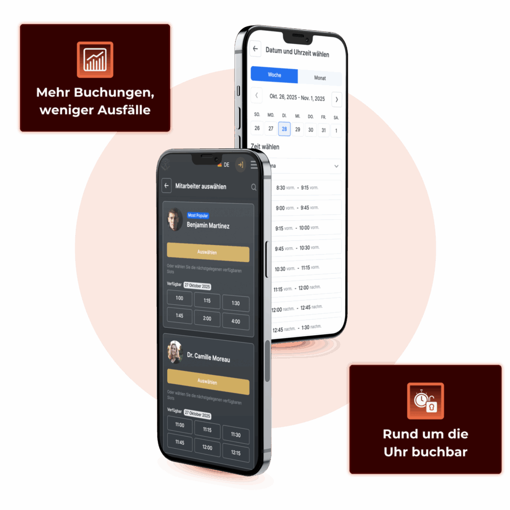 Online-Terminbuchung auf Smartphones – Coreflow Webdesign für Buchungssysteme mit Kalender- und Mitarbeiter-Auswahl, mobil und rund um die Uhr nutzbar.