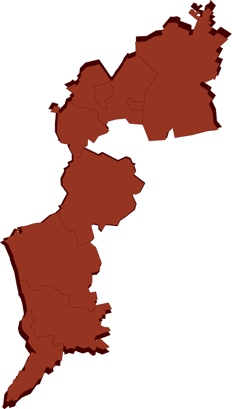 Rote Vektorgrafik von Burgenland mit klar dargestellten Bezirksgrenzen auf dunklem Hintergrund.