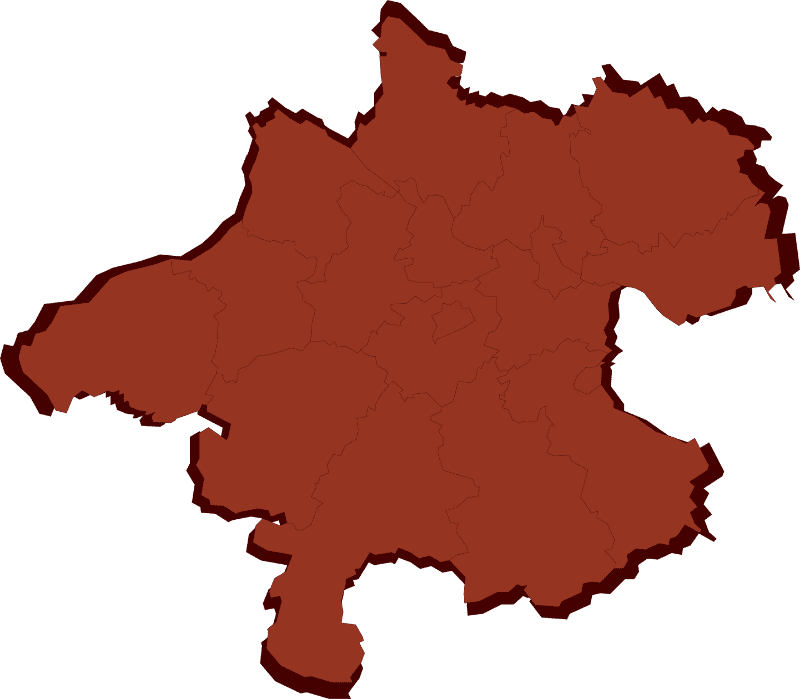 Abstrakte Vektordarstellung des Bundeslandes Oberösterreich mit klar erkennbaren Bezirksgrenzen.