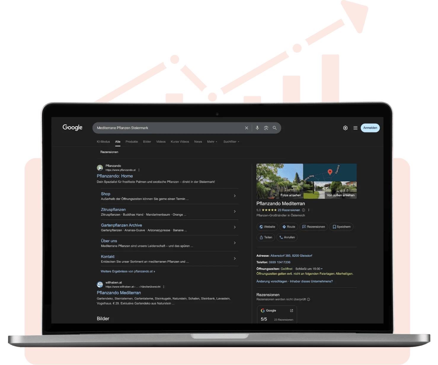 Laptop zeigt eine Google-Suchergebnisseite im Dark-Mode mit Karten- und Brancheneinträgen.