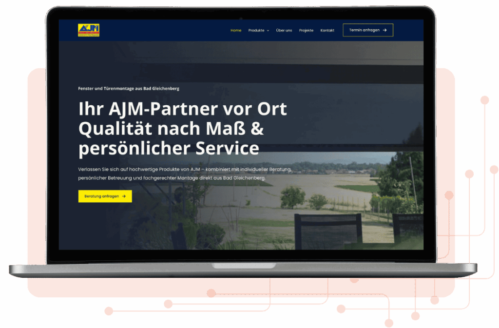 Bildschirm eines Laptops mit dunklem Webdesign, Überschriften und eingebettetem Außenfoto.