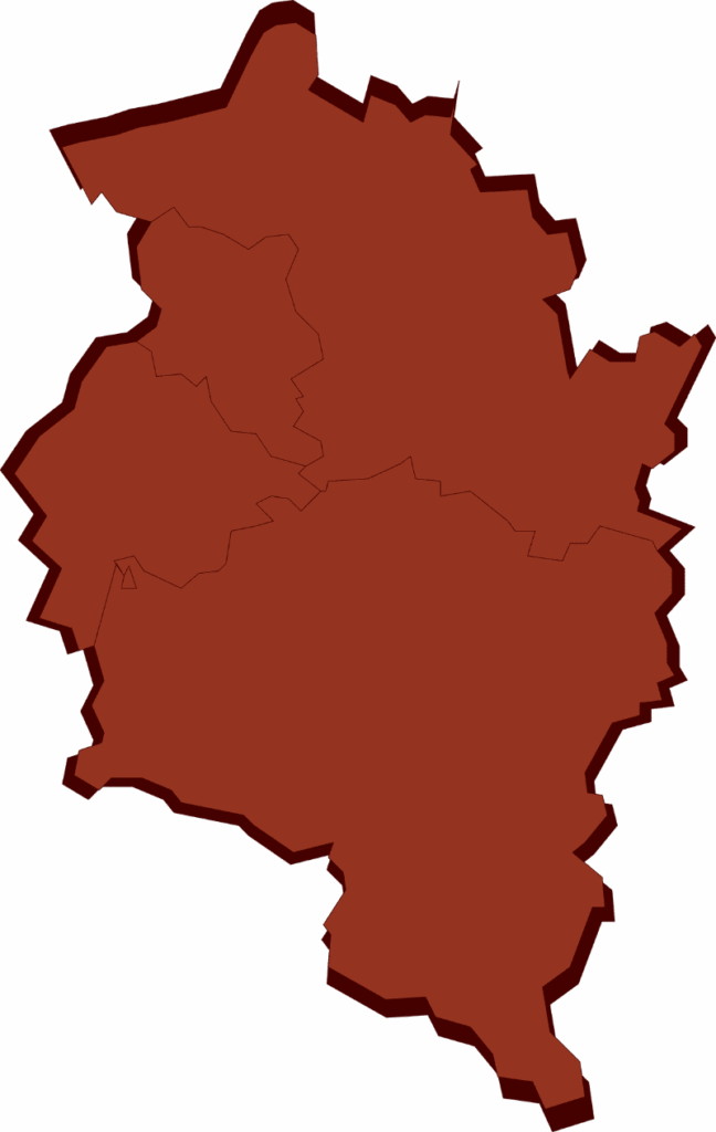 Rote, stilisierte Karte von Vorarlberg mit angedeuteten Bezirksgrenzen auf dunklem Hintergrund.