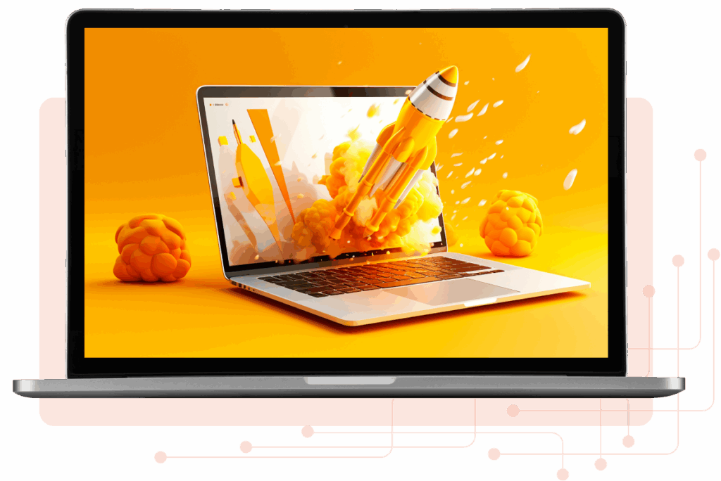 Design_GEO_Coreflow-3 Rakete startet aus Laptop – Coreflow Symbolgrafik für Website-Wachstum, SEO-Erfolg und digitale Performance.