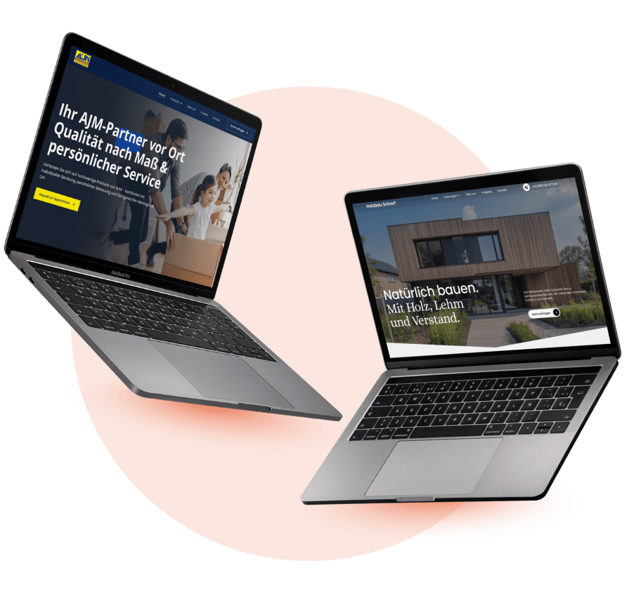 Coreflow-Branchenlösungen-SEO-Hero Zwei schwebende Laptops zeigen unterschiedliche Website-Startseiten vor farbigem Hintergrund als Webdesign-Darstellung.