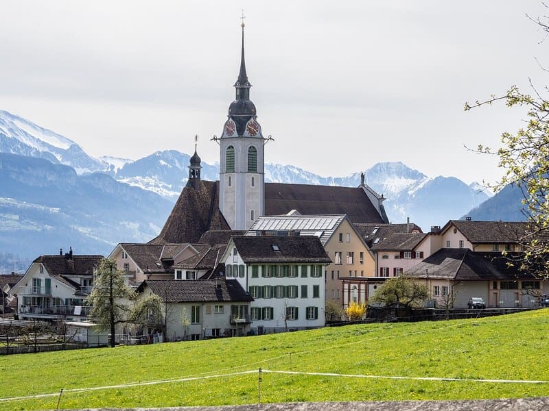 Blick auf Ortschaft in Schwyz mit Kirchturm, grüner Wiese und schneebedeckten Bergen.