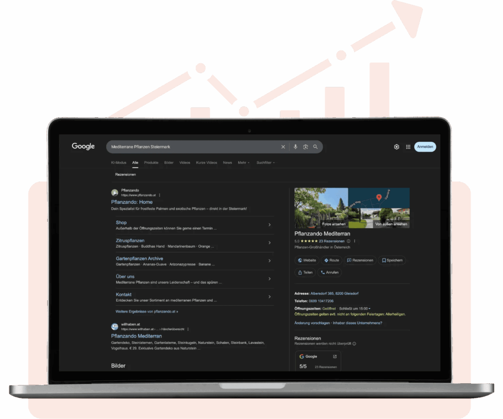 Coreflow_SEO-Audit_Hero Bildschirm zeigt Google-Suche mit lokalem Unternehmensprofil, Bewertungen und Leistungsübersicht auf Laptop.