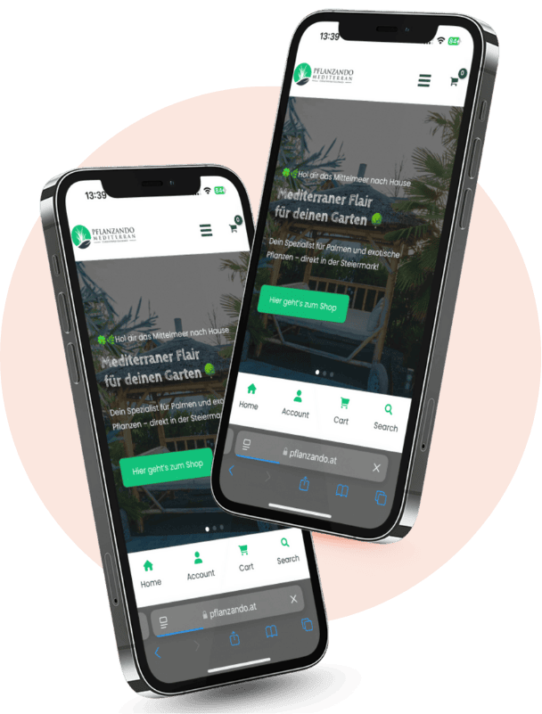 Coreflow_Woocommerce_Hero Zwei Smartphones mit mobiler Website, Produktnavigation, grünem Call-to-Action und modernem Layout.