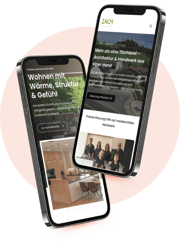 Zwei schwebende Smartphones mit responsiver Website, moderne Gestaltung, Texte und Bilder auf rotem Hintergrund.